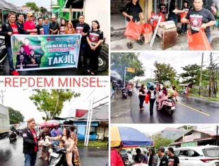 Repdem Minahasa Selatan Gelar Aksi Berbagi Takjil Kepada Jamaah Masjid Al Akbar di Desa Tumpaan Satu